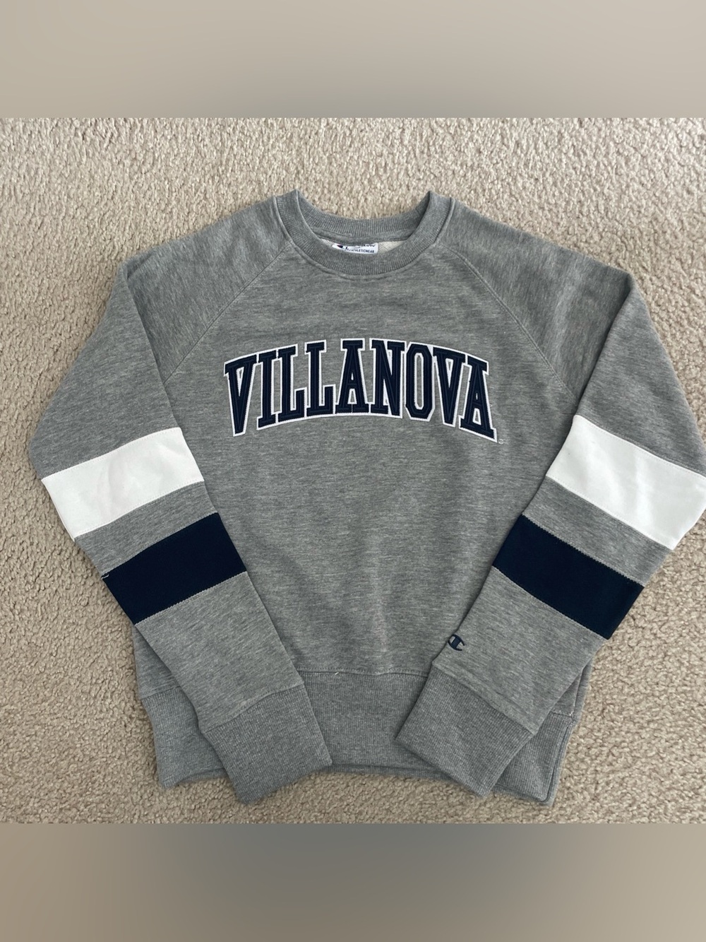 Champion Grey Villanova Crewneck with Navy & White Stripes